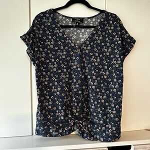 Blue Cuffed Sleeve Tie Front Blouse